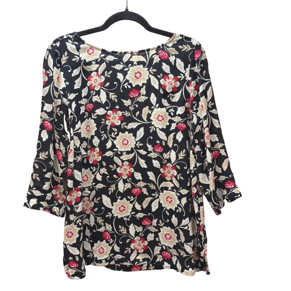 J.Jill Tops - J Jill Black Floral 3/4 Sleeve Pullover Blouse‎ Size Small Career Boho Workwear